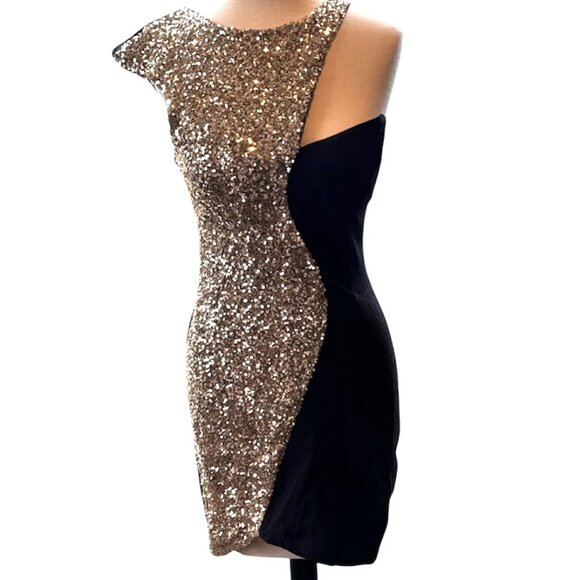 Jean Jail One Shoulder Black Gold Sequin Party Mini Dress - Picture 3 of 11